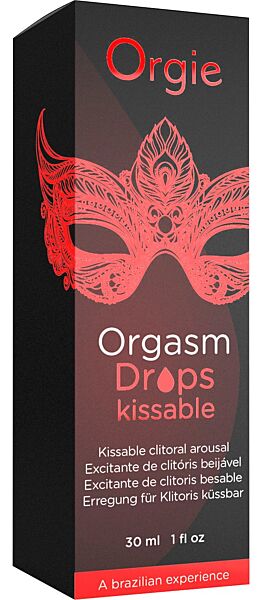 Glassflaske med pipette av Orgie Orgasm Drops Kissable, 30 ml