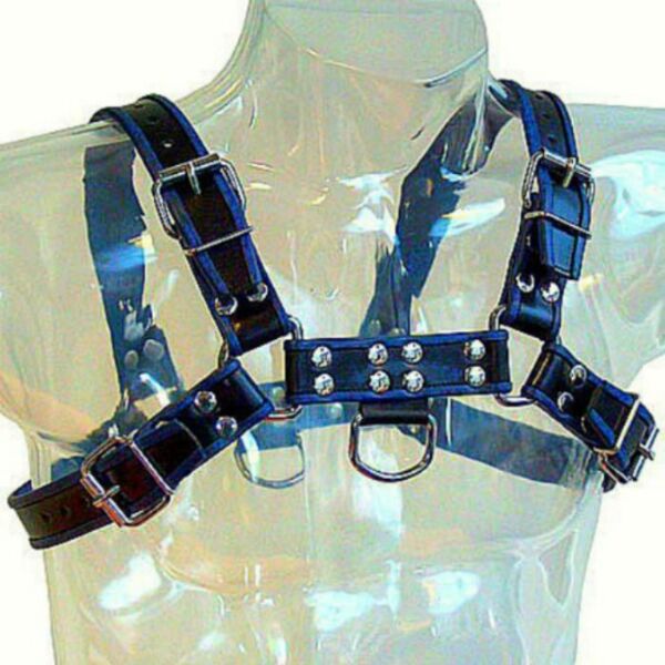 Harness for menn Leather Body Chest Bulldog i blått og svart, med remmer og metallkjeder