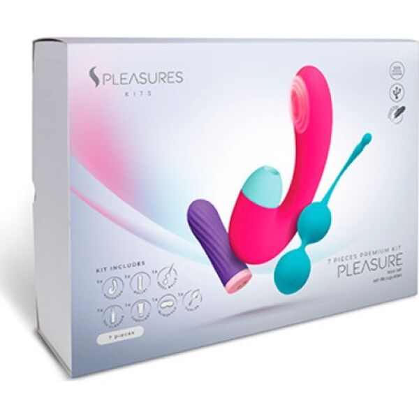 Sexleketøysett S Pleasures Pleasure Kit med vibratoregg, dobbeltstimulator, knipekuler, glidemiddel, leketøysrens, fjær og øyemaske
