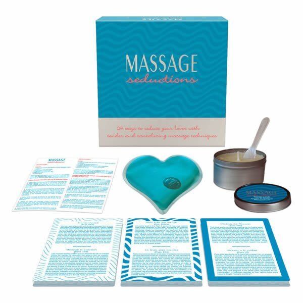 Massasjesettet Kheper Games Massage Seductions med kortene, lyset, skjeen og gelehjertet