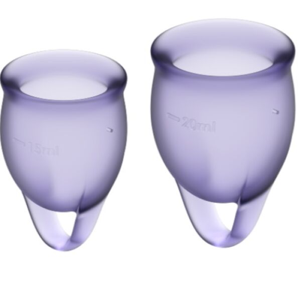 De to menstruasjonskoppene Satisfyer Feel Confident, på 15 og 20 ml