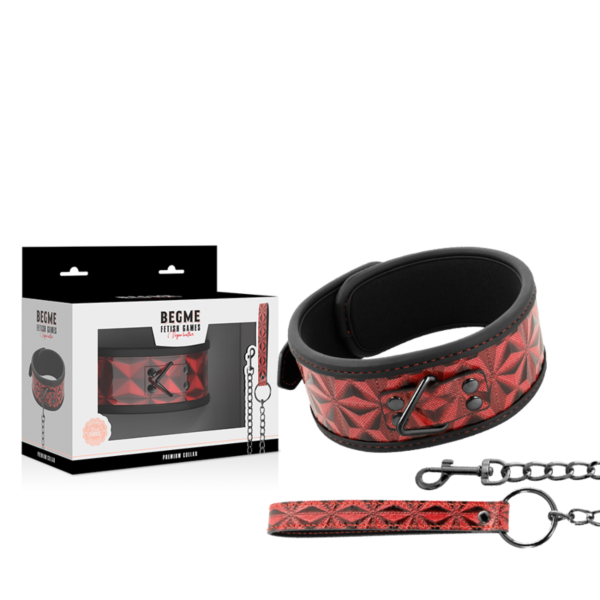 BDSM-halsbånd Begme Red Edition i vegansk skinn med metallkjede, ring til halsen og bånd