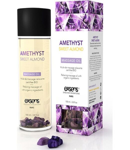 Flaske med Exsens Relaxing Oil Amatista massasjeolje 100 ml med ametyststeiner i flasken