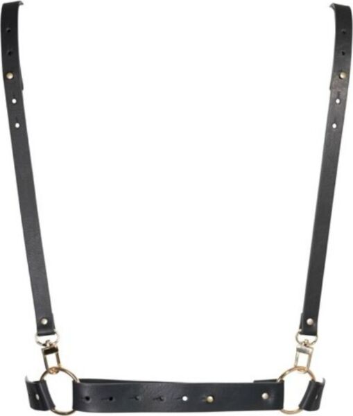 Kroppsharness Maze X Harness fra Bijoux Indiscrets i svart, med brystbånd og stropper som krysser hverandre i en X