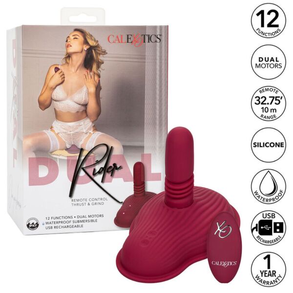 Vibrator til å ri på, CalExotics Dual Rider Thrust & Grind i rødt, med fjernkontroll