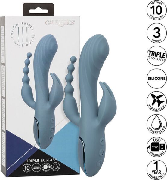 Blå rabbitvibrator CalExotics III Triple Ecstasy med skaft, stimulator og hale med kuler