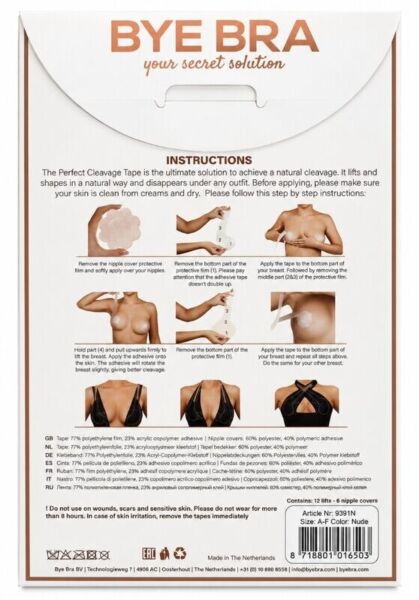 Selvklebende brysttape fra Bye Bra Perfect Cleavage som former dekolletasjen, med brystvortedekker