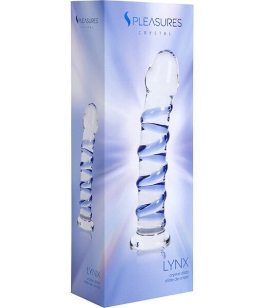 Dildo S Pleasures Crystal Lynx, gjennomsiktig med blå detaljer og spiralrelieffer