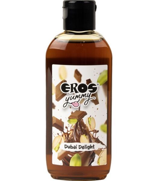 Flaske på 100 ml med glidemiddelet Eros Yummy Dubai Delight, smak av sjokolade og pistasj