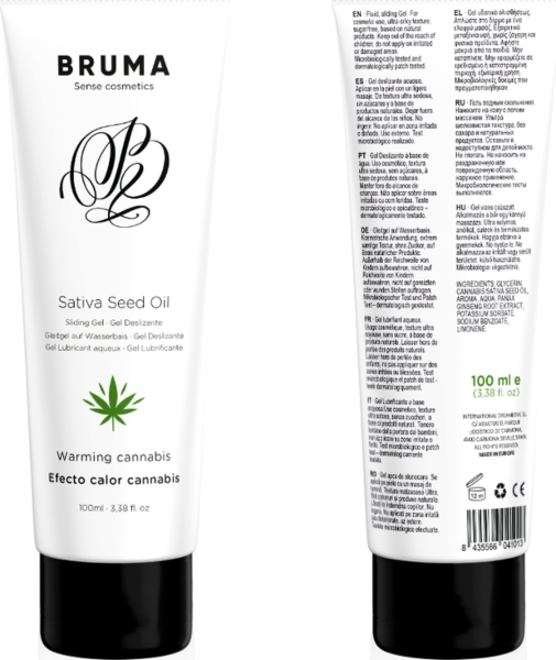 Glidegel Bruma Cannabis med cannabissmak og varmende effekt, i størrelsene 6 ml og 100 ml