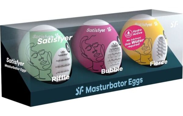 Sett med tre masturbatoregg, Satisfyer Eggs Riffle, Bubble & Fierce