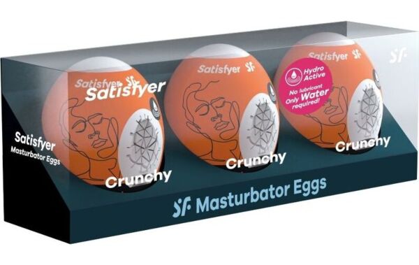 Sett med tre masturbatoregg fra Satisfyer: Naughty, Savage og Crunchy
