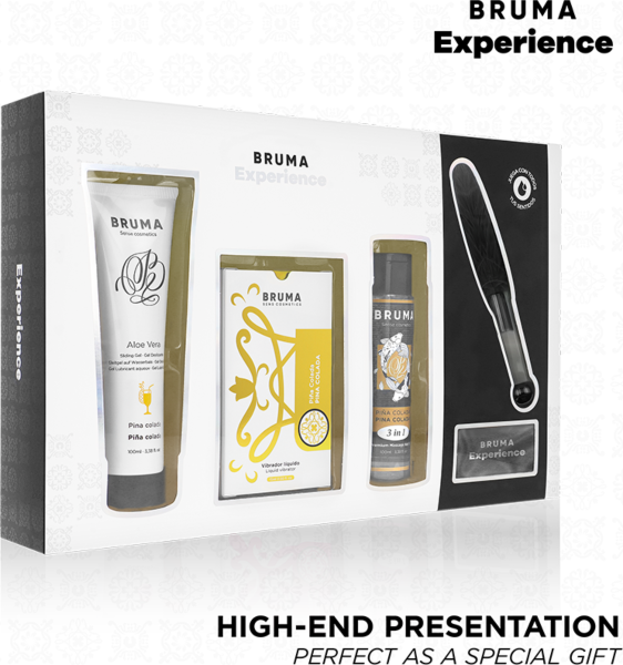 Erotisk sett Bruma Xperience Sweet Temptation med flytende vibrator, glidemiddel, olje, fjær og øyebind