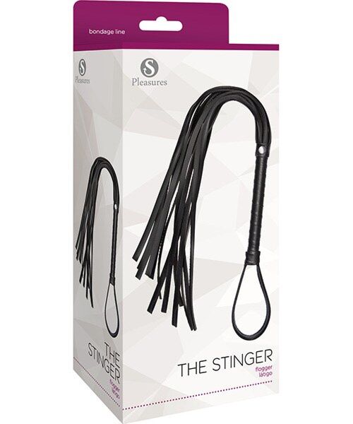Flogger S Pleasures The Stinger, svart, med 13 reimer og skaft med stropp