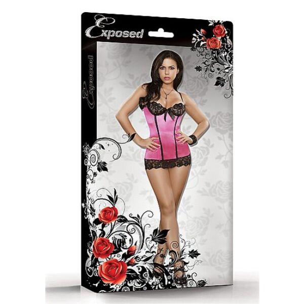 Nattkjole Exposed Sequin Lace Chemise rosa S/M, rosa minikjole med svart BH-del og rosa sløyfe