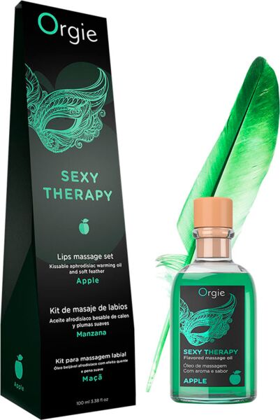 Massasjesett med kyssbar olje Orgie Lips Massage med 100 ml olje, fjær og massasjeguide