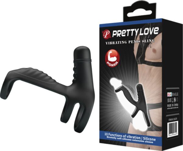 Svart elastisk penishylse Pretty Love Vibrating Penis Sling med ringbase og riller