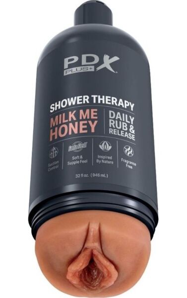 Masturbator PDX Plus Shower Therapy Milk Me Honey formet som en sjampoflaske