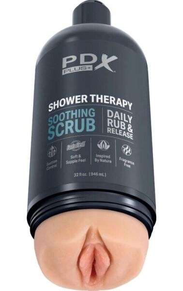 Masturbator PDX Plus Shower Therapy Soothing Scrub formet som en sjampoflaske