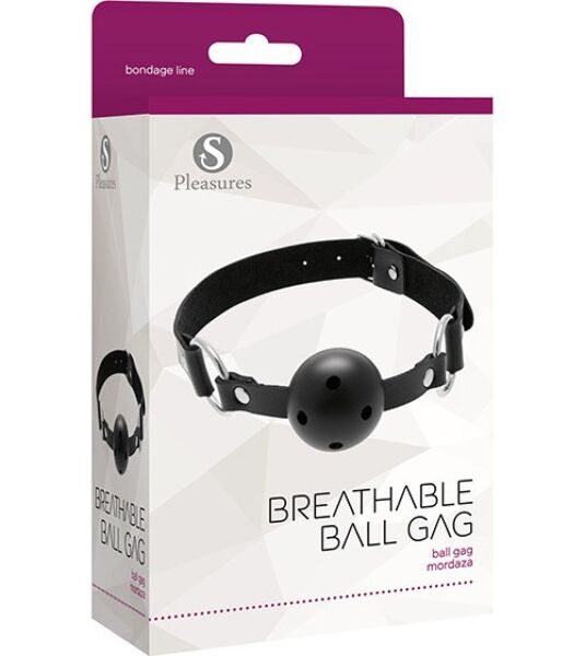 Svart ballknebel S Pleasures Breathable Ball Gag med pustehull i ballen, metallringer og reim med spenne