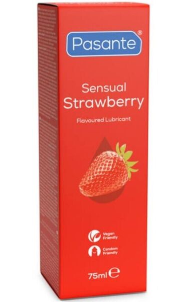Flaske med Pasante Sensual Strawberry glidemiddel på 75 ml med jordbærsmak
