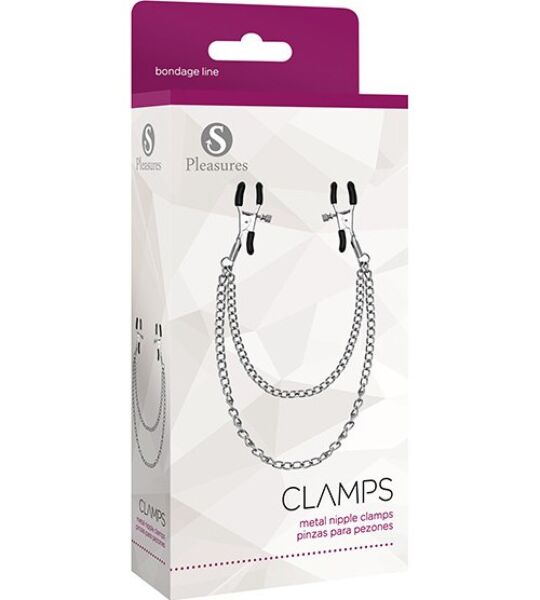 Sølvfargede brystvortklemmer S Pleasures Metal Nipple Clamps, forbundet med kjede