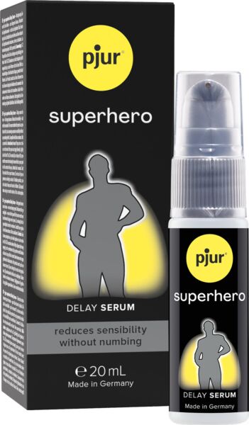 Flaske på 20 ml med det forsinkende serumet Pjur Superhero Delay Serum