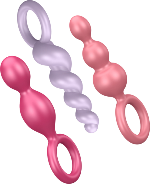 Sett med tre analplugger fra Satisfyer Booty Call: spiral, kjegle og tre kuler