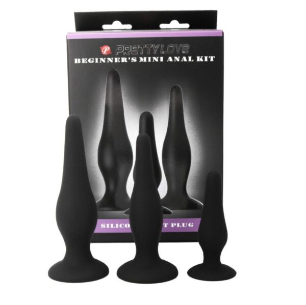 De tre analpluggene i Pretty Love Initiation Kit, i liten, medium og stor størrelse