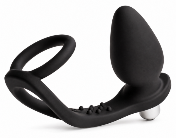 Prostatavibrator Rocks-Off Ro-Zen i onyxsvart, med dobbel ring som holder den på plass