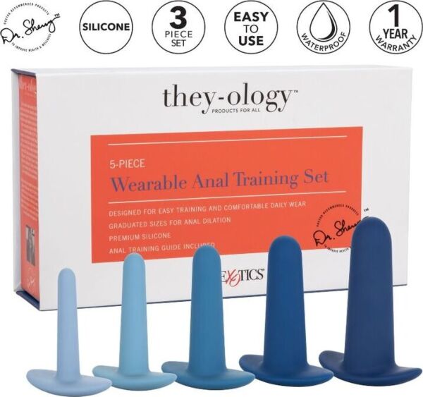 Sett med analdilatorer, CalExotics They-ology 5 deler, med de fem blå dilatorene ordnet etter størrelse