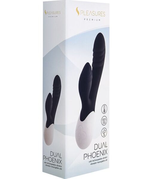 Rabbitvibrator S Pleasures Dual Phoenix i svart, med armen for klitoris