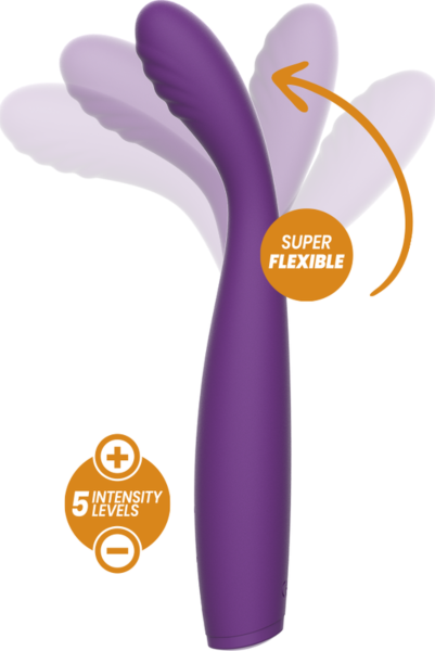 Fleksibel vibrator Rewolution Rewostim i silikon, med håndtak og buet tupp