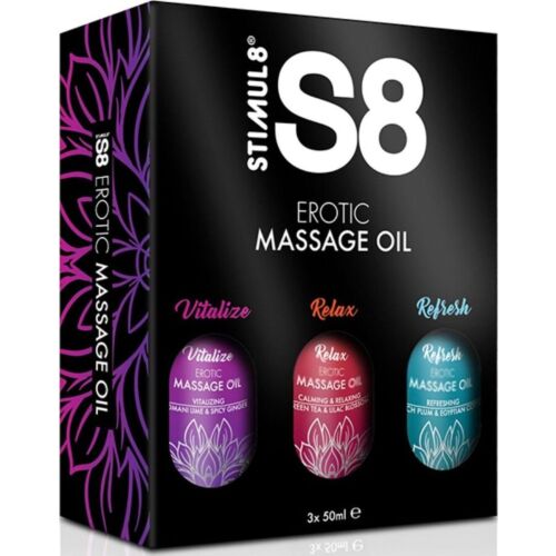 Massasjeolje STIMUL8 S8 - 3 x 50 ml med unike dufter