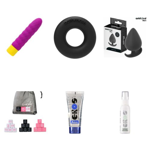 Grunnsett med sexleketøy: minivibrator, ring, plugg og terninger