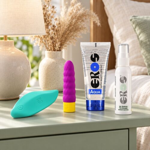 Nybegynnersett for første vibrator med to leketøy fra ROMP – stemningsbilde (KI-generert bilde)