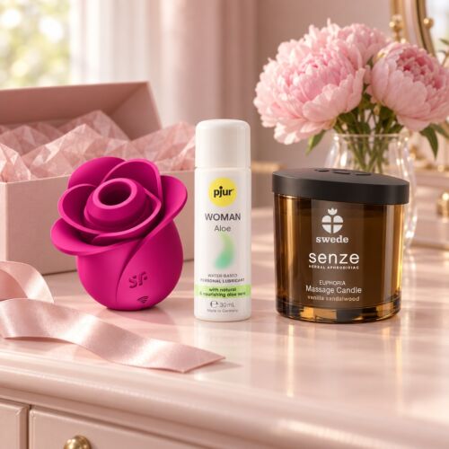 Gavesett til henne med Satisfyer Pro 2 og massasjelys – stemningsbilde (KI-generert bilde)