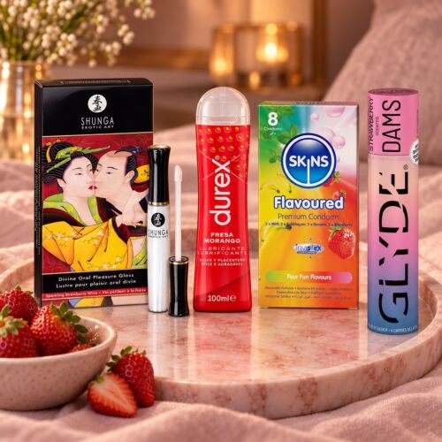 Sett for oralsex med lipgloss, glidemiddel og kondomer med smak – stemningsbilde (KI-generert bilde)