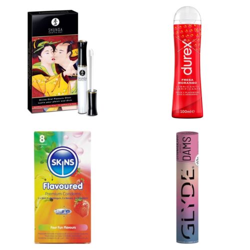 Sett for oralsex med lipgloss, glidemiddel og kondomer med smak