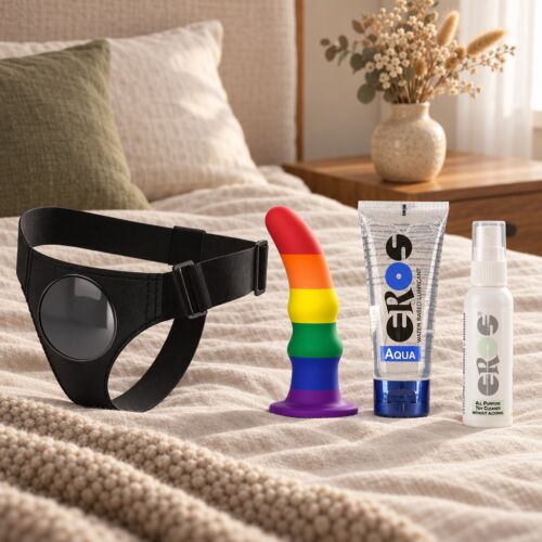 Strap-on-sett for nybegynnere med universalsele og dildo i silikon – stemningsbilde (KI-generert bilde)