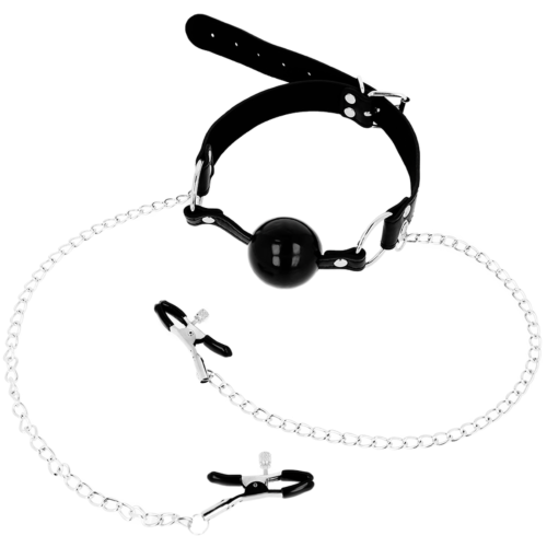 Bondage OHMAMA FETISH Black Ball Gag med Nippelklemmer