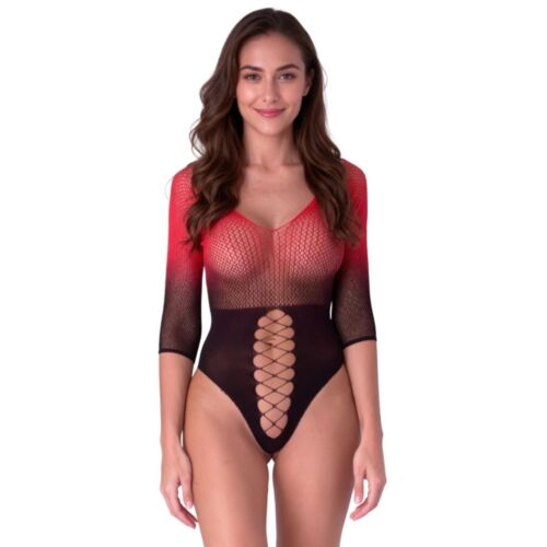 Bodystocking PASSION Black and Red Mesh 3/4 ermer
