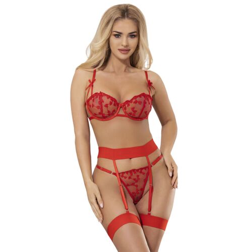 Sexy lingerisett SUBBLIME HEART PRINT BRA + THONG + GARTER BELT