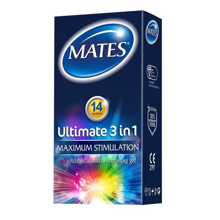 Kondomer Mates Ultimate 3 i 1 med oppvarmende gel Kondomer Mates Ultimate 3 i 1 med oppvarmende gel
