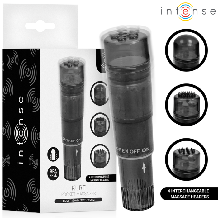 INTENSE FUN TOYS KURT mini massasjeapparat med 4 utskiftbare hoder, svart
