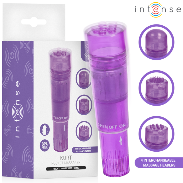 Minimassasjeapparat INTENSE FUN TOYS KURT MINI MASSAGER med 4 utskiftbare hoder, lilla