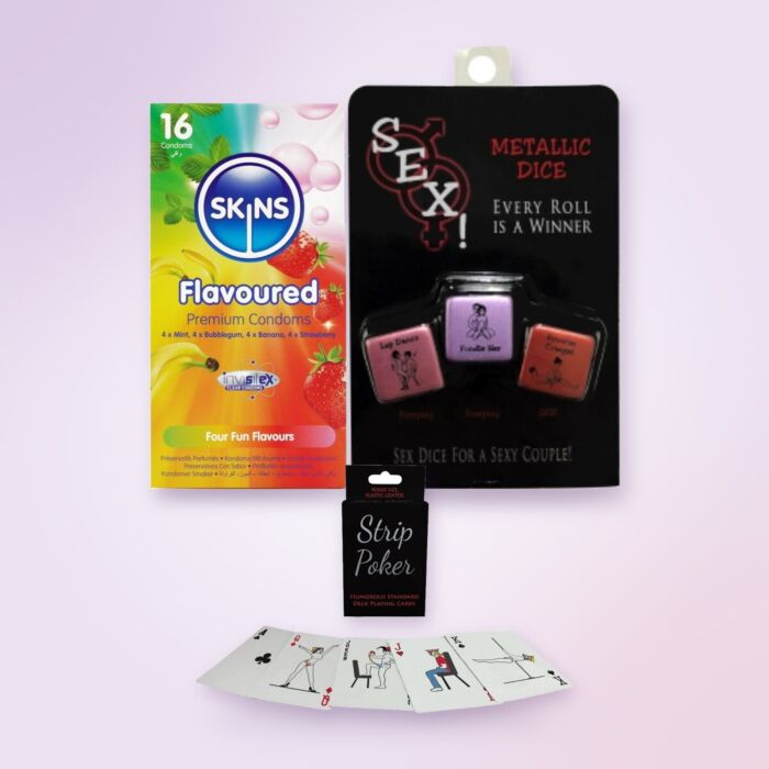 Hemmelig nisse-gavesett for spøk med Strip Poker, terninger og smakskondomer