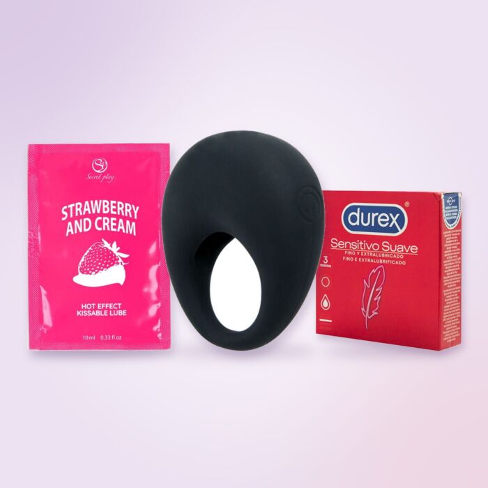 Sett til par med vibrerende ring fra Pretty Love, kondomer og glidemiddel