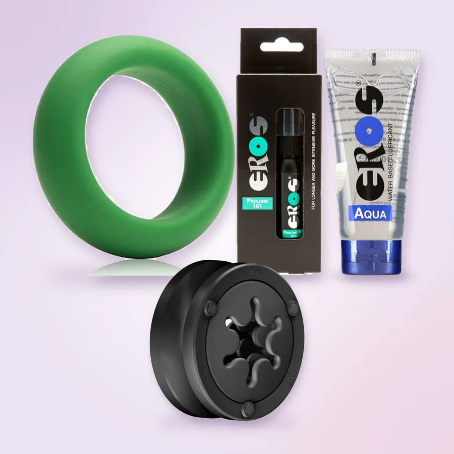 Masturbatoren Fun Factory IKU FLEX, ringen Je Joue, sprayen Eros Prolong 101 og glidemiddelet EROS Aqua